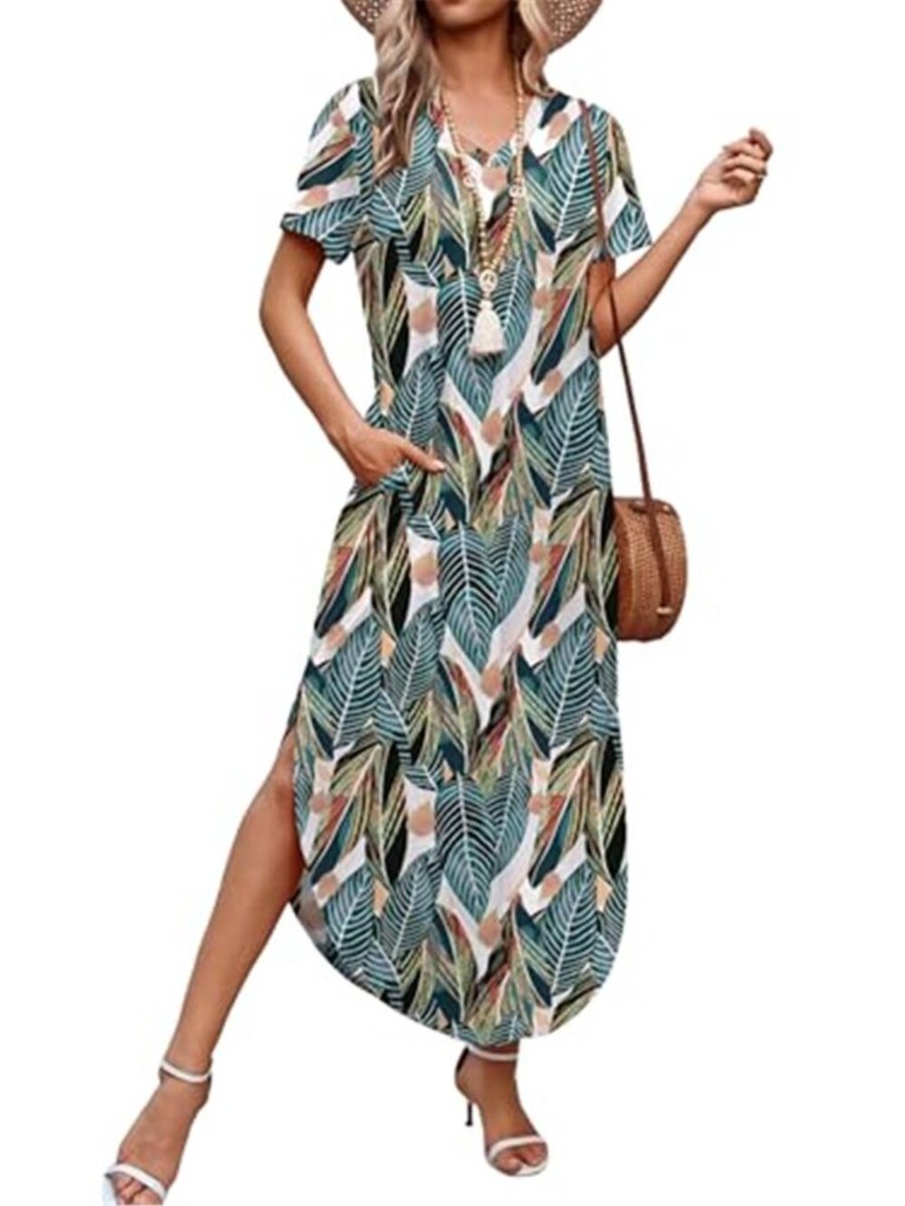 Womens V Neck Midi Dress Side Slit Casual Summer Vacation Beach Dress - Picture 2 of 5
